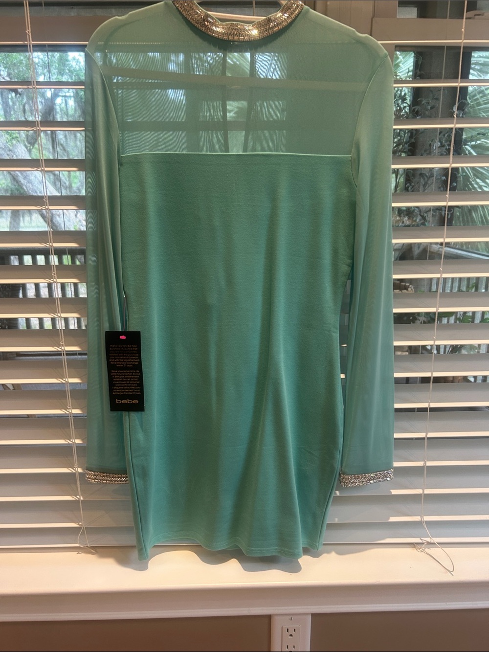 bebe Mint Green Long Sleeve Sheer Yoke Dress with Embellished Collar